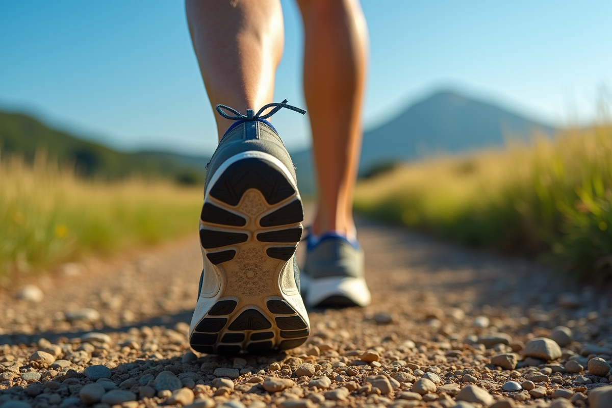 Chaussures de sport usées sur un chemin rural avec paysage montagneux