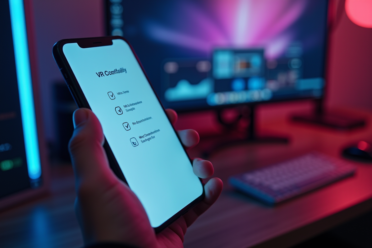 Main tenant un smartphone avec checklist VR dans un espace tech