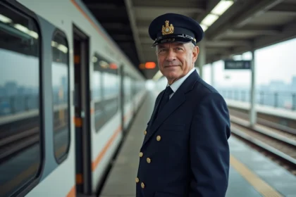 Chef de train en uniforme sur la plateforme d'une gare moderne