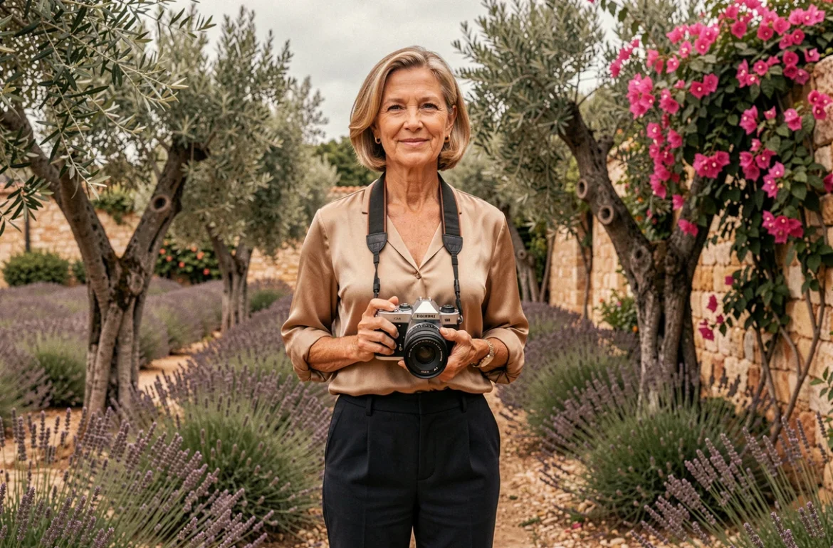 Christine Photographe, photographe expérimentée à Toulon, posant dans un jardin provençal avec ses appareils photo anciens et modernes