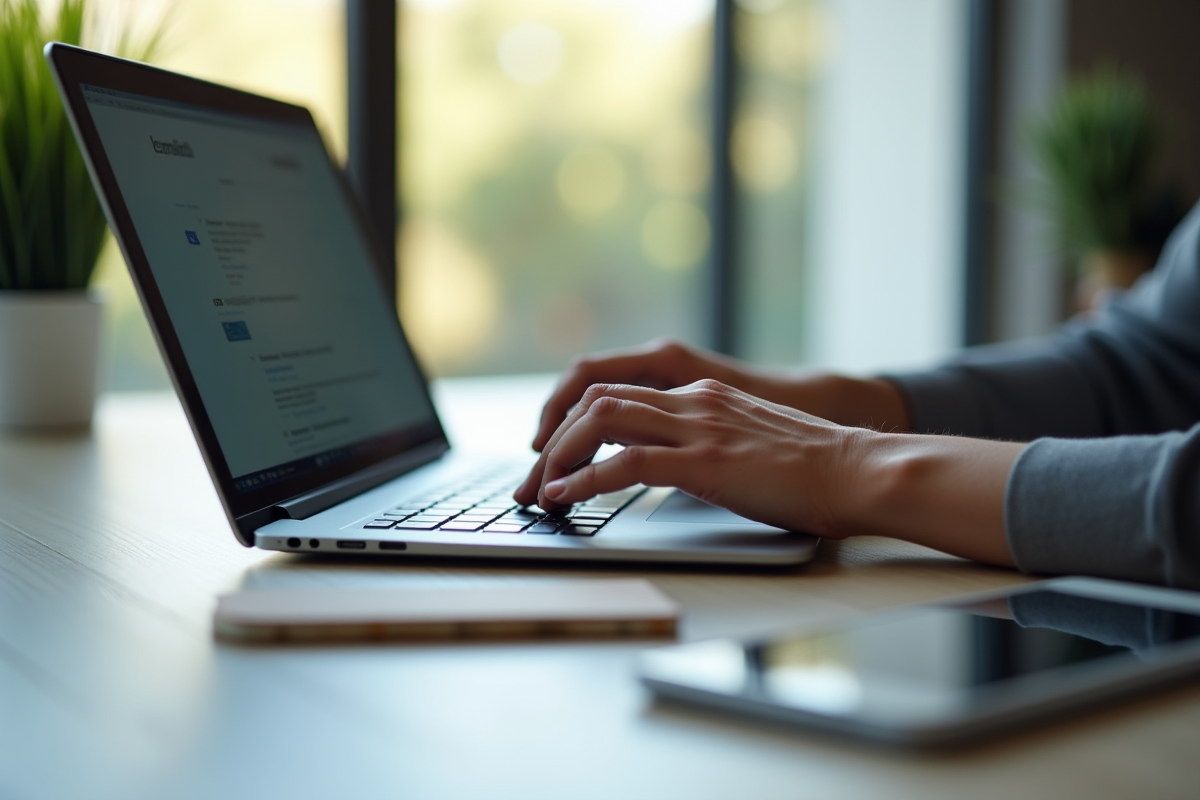 Main tapant un email sur un ordinateur avec carnets français