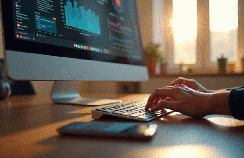 Mains utilisant un clavier moderne sur un bureau lumineux