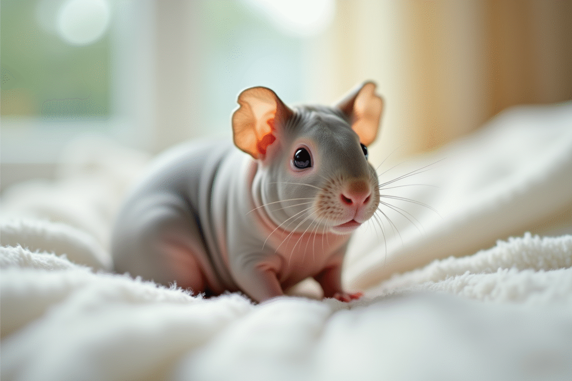Cochon d'Inde nu assis sur un linge blanc lumineux