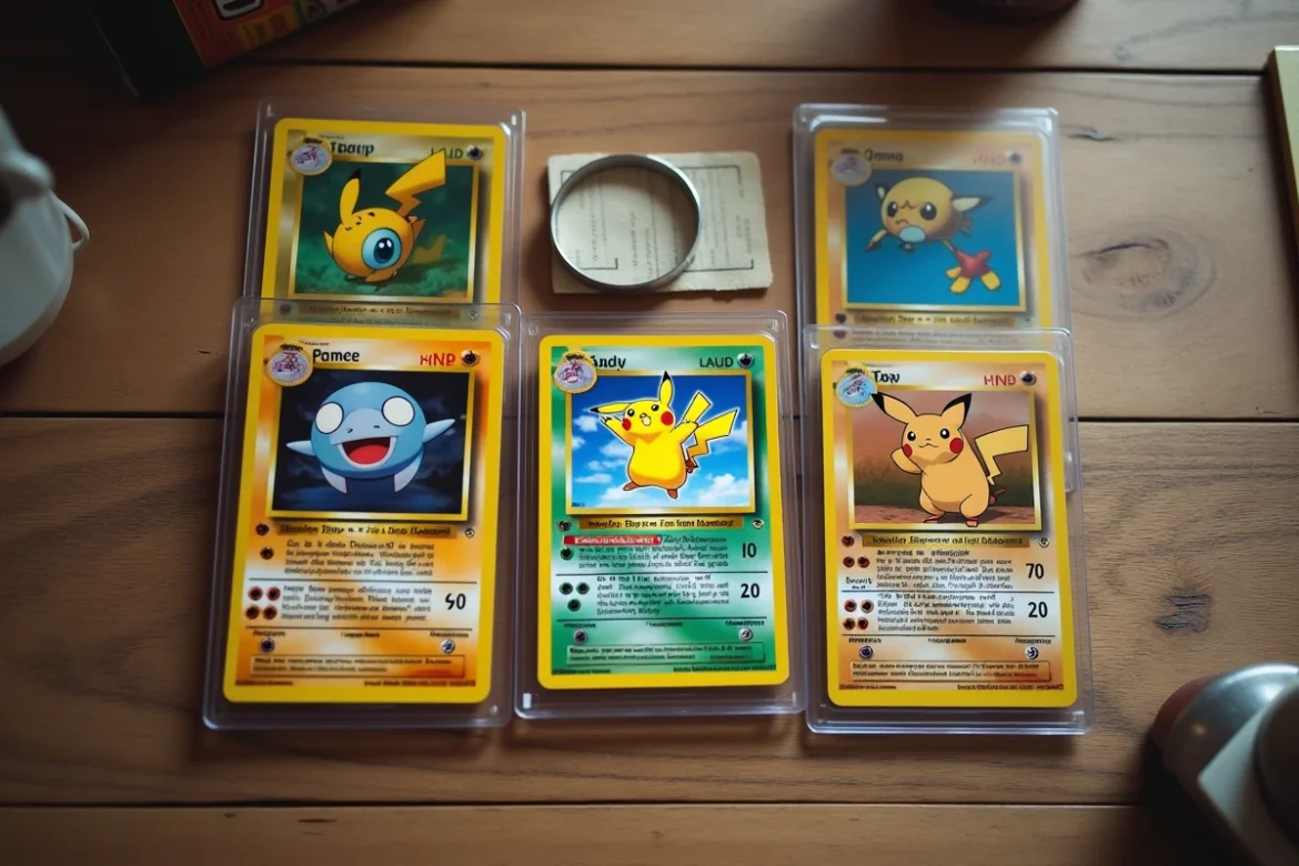 Vue aérienne d'une collection de cartes Pokémon rares dont une carte Pikachu holographique centrée sur table en bois