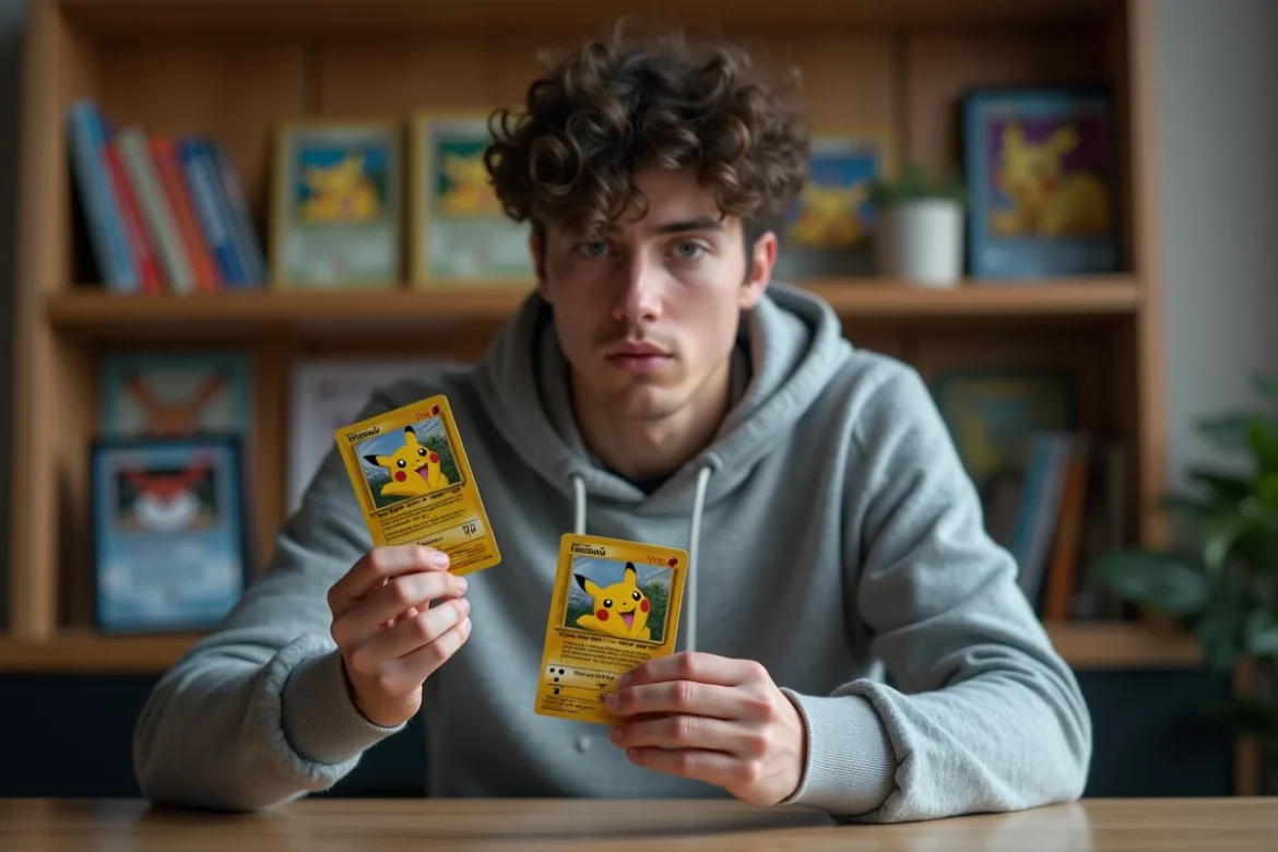 Jeune collectionneur examinant attentivement une carte Pokémon Pikachu rare dans une salle dédiée à sa collection