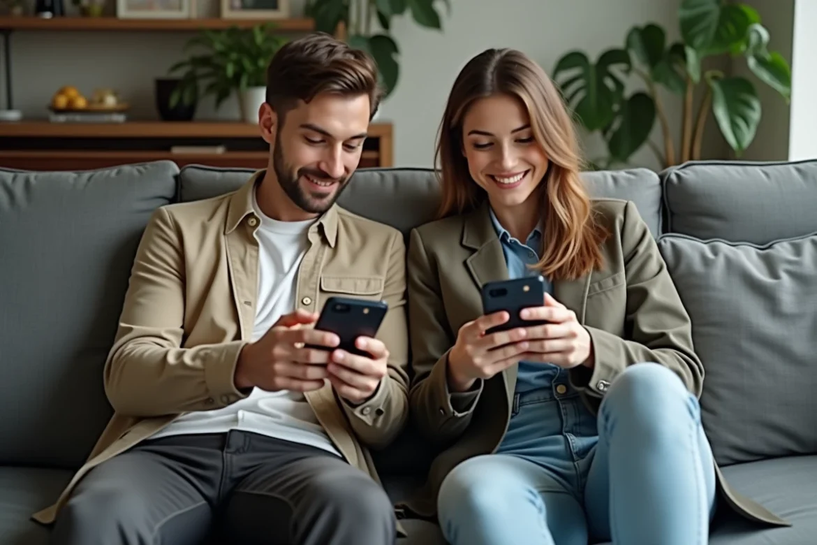 Deux adultes comparant le jeu Google Snake du Nouvel An du Serpent et le Snake classique sur leurs smartphones dans un salon moderne