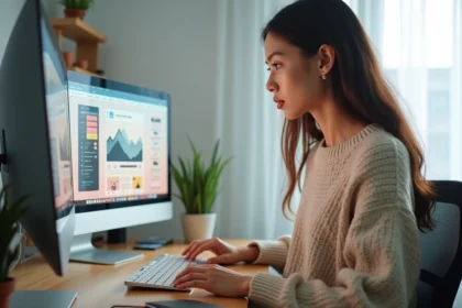 Jeune femme comparant plusieurs sites web tendance sur un grand écran dans un bureau moderne