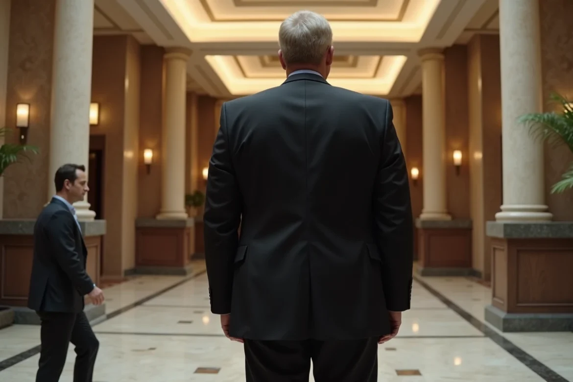 Comparaison de taille entre un homme gigantesque en costume et une personne de taille normale dans un hall d'hôtel, illustrant visuellement le gigantisme