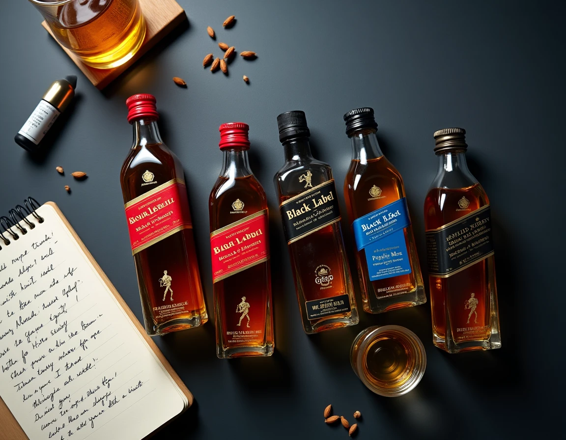 Arrangement de quatre bouteilles de whisky Johnnie Walker avec carnet de dégustation et orge sur ardoise