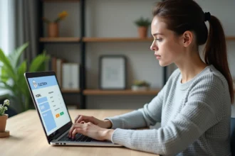 Femme consultant son compte client EDF ENR sur un ordinateur portable à son bureau à domicile