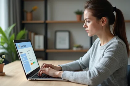 Femme consultant son compte client EDF ENR sur un ordinateur portable à son bureau à domicile