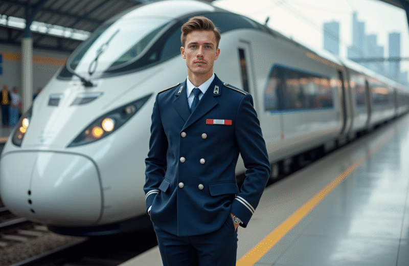 Jeune conducteur de train futuriste en uniforme bleu