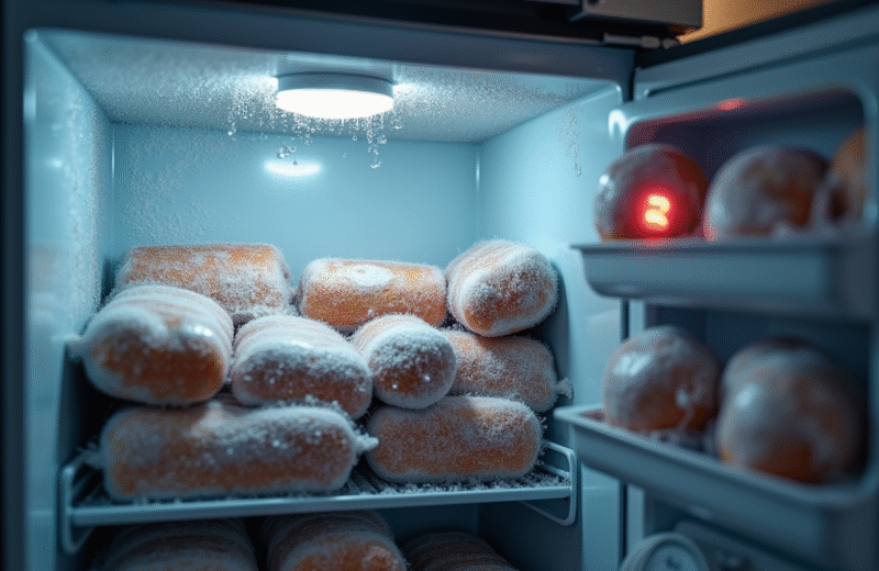 Congélateur ouvert avec givre et thermomètre dangereux