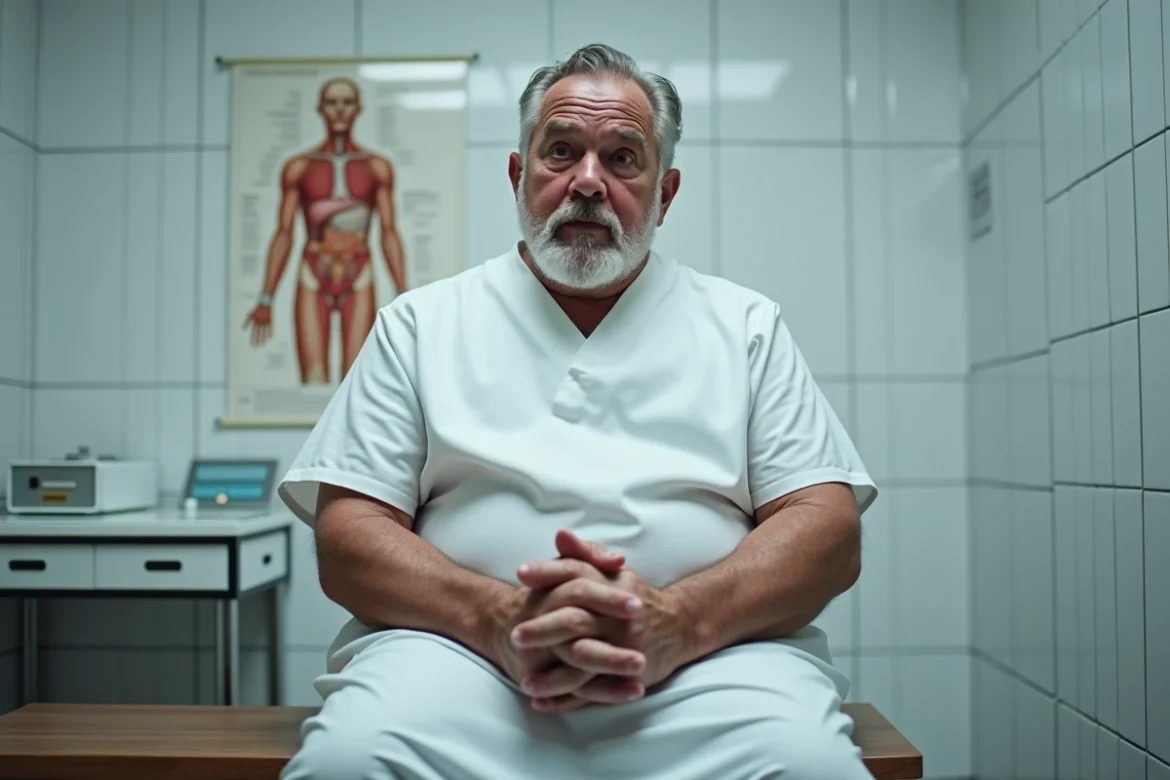 Homme de grande taille en consultation médicale examinant ses mains imposantes, symbolisant les complications de santé liées au gigantisme