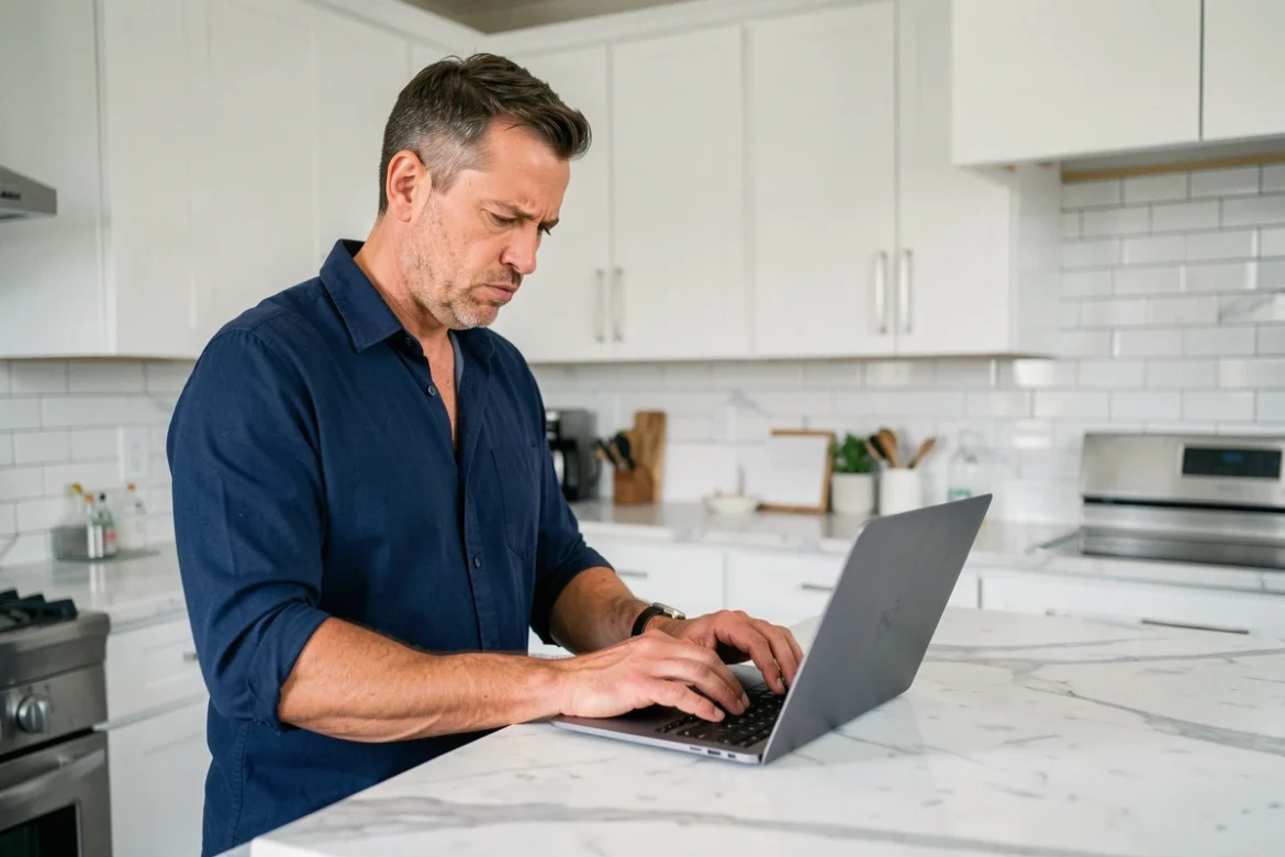 Homme contactant le service client Vinted depuis son ordinateur portable dans une cuisine moderne