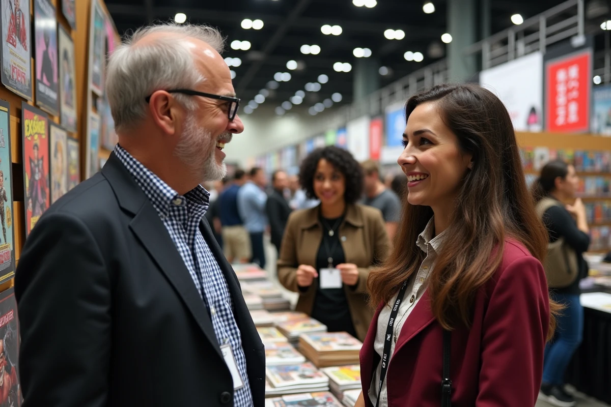 Mannequin et femme discutant avec un cosplay au salon de comics