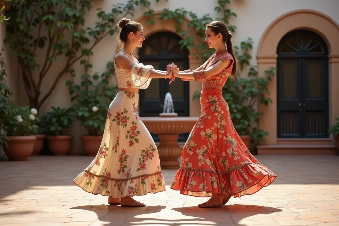 Deux femmes pratiquant la Sevillana dans un patio andalou, l'instructrice corrigeant les erreurs de mouvements de bras de la débutante
