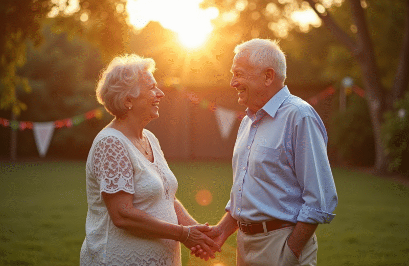 Vieux couple riant dans leur jardin lors d'un anniversaire