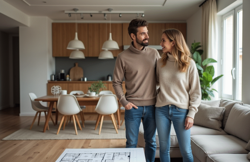 Jeune couple souriant dans un salon moderne T4