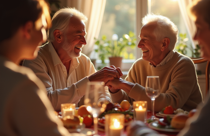 Couple âgé souriant lors d'un dîner familial festif