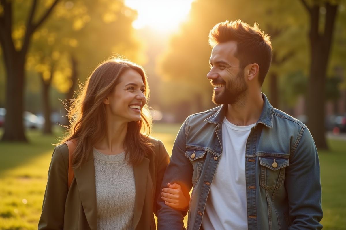Couple heureux se promenant dans un parc en automne