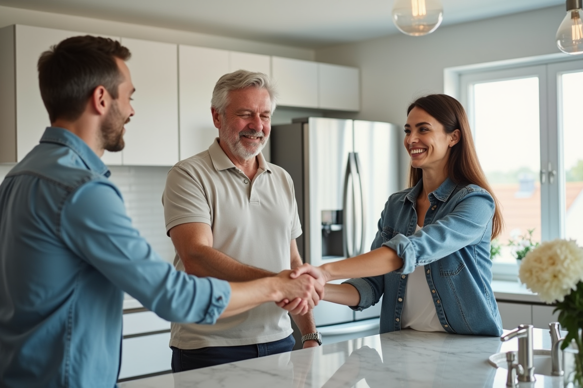 Couple souriant serrant la main d’un agent immobilier dans une cuisine
