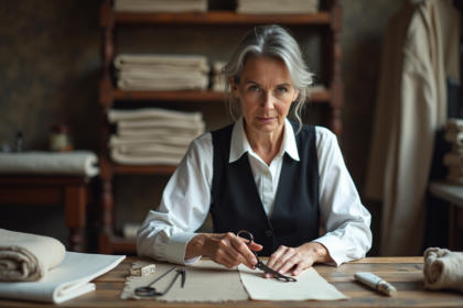 Couturière d'âge moyen dans son atelier avec outils de couture