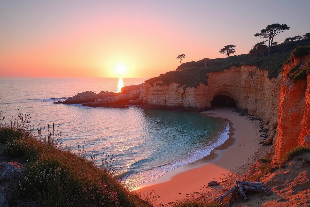 Anse cachée à Comporta au lever du soleil avec falaises et fleurs sauvages