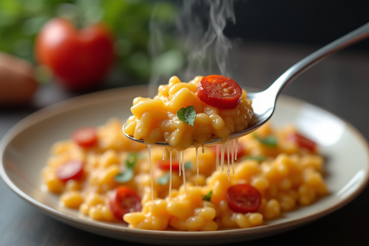 Cuillère soulevant un risotto au chorizo chaud et fondant