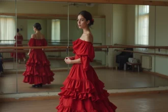 Jeune femme en robe de flamenco rouge corrigeant sa posture dans un studio de danse espagnole avec miroirs