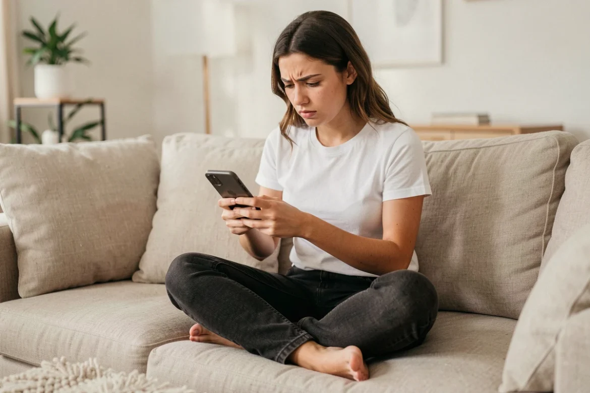 Jeune femme vérifiant le délai de réponse du support Vinted sur son téléphone dans son salon