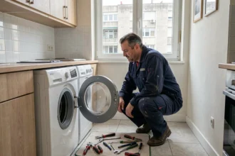 Technicien en dépannage d'électroménager intervenant sur un lave-linge dans une cuisine d'appartement en Seine-Saint-Denis