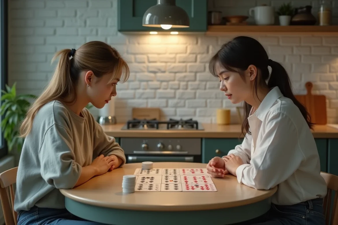 Deux femmes concentrées sur une partie de crapette avec les cartes disposées en colonnes sur une table ronde