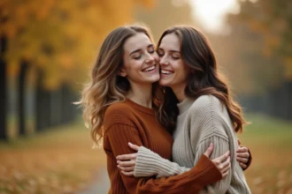 Deux meilleures amies qui s'enlacent en riant dans un parc en automne, exprimant une amitié sincère et forte
