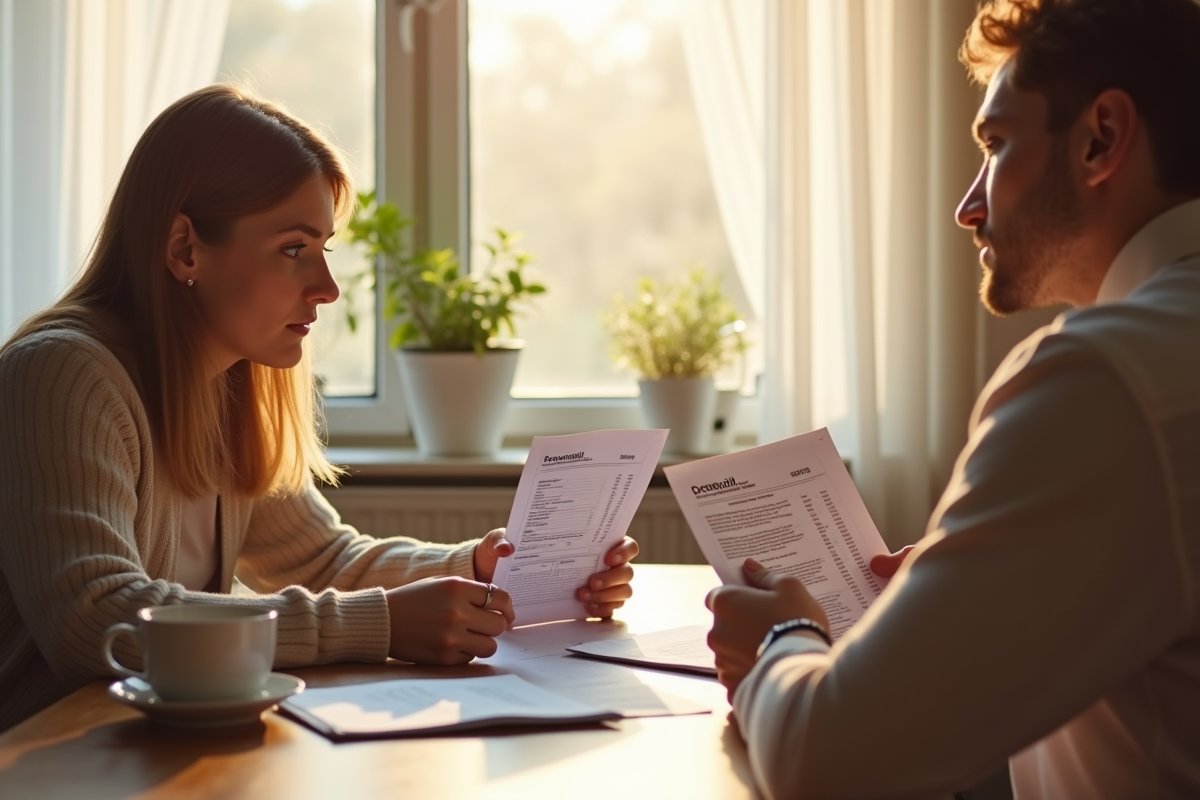 Deux personnes revoyant factures et bulletins de salaire