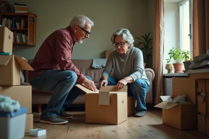 Un couple en train de trier des objets dans un salon encombré