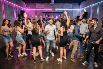Piste de danse animée dans une discothèque de Perpignan avec des jeunes adultes dansant sous des lumières LED colorées