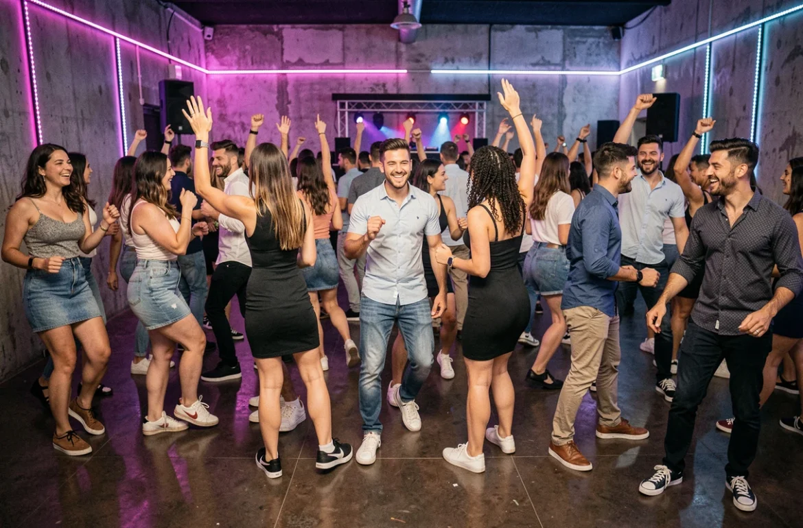 Piste de danse animée dans une discothèque de Perpignan avec des jeunes adultes dansant sous des lumières LED colorées