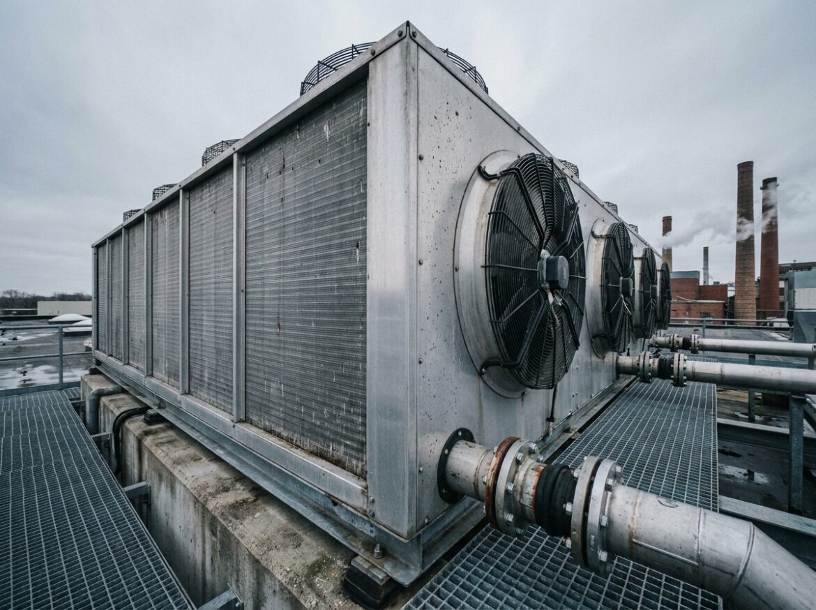 Dry cooler industriel monté en toiture d'une usine de fabrication avec échangeurs thermiques en aluminium et ventilateurs axiaux visibles