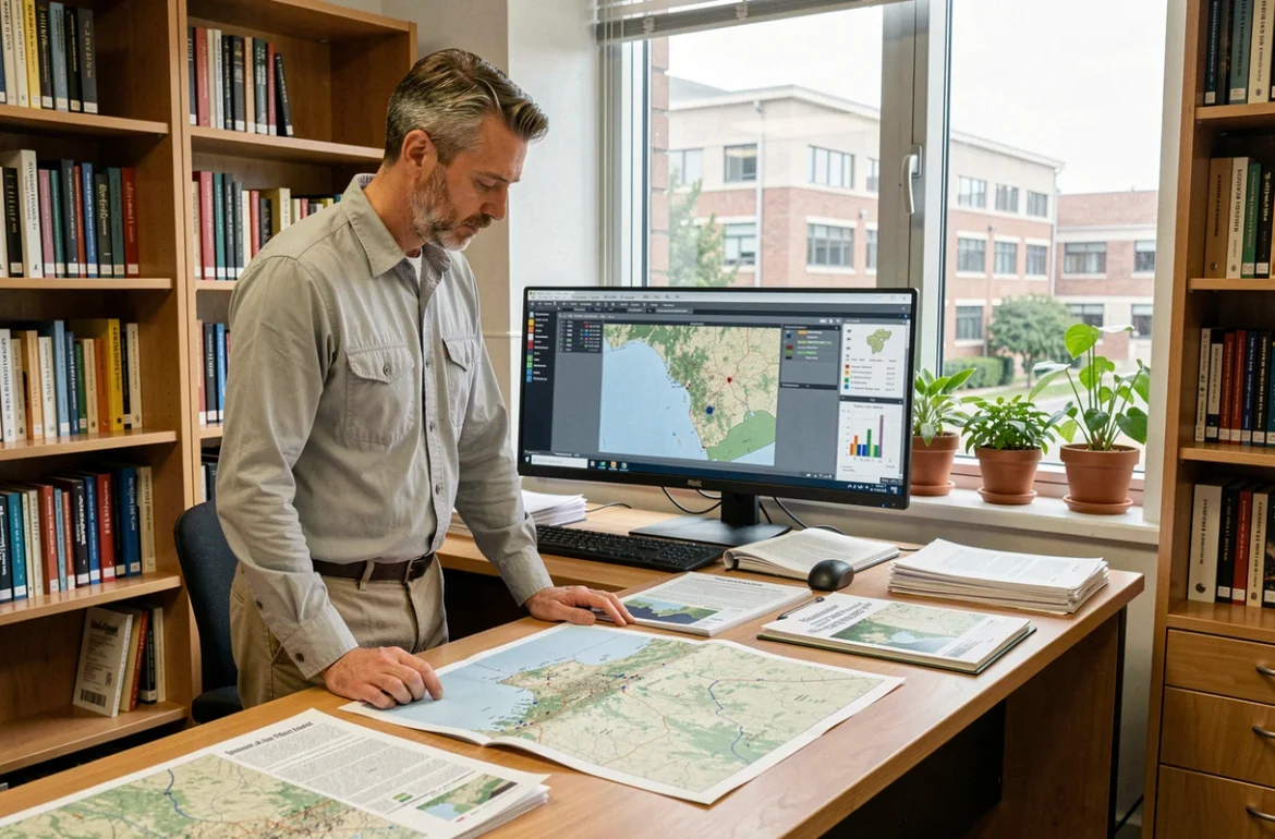 Écologue homme bureau universitaire analysant données cartographiques et rapports écologiques