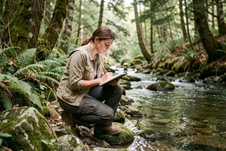 Écologue femme terrain notant données écologiques au bord d'un ruisseau en forêt tempérée