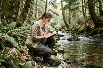Écologue femme terrain notant données écologiques au bord d'un ruisseau en forêt tempérée