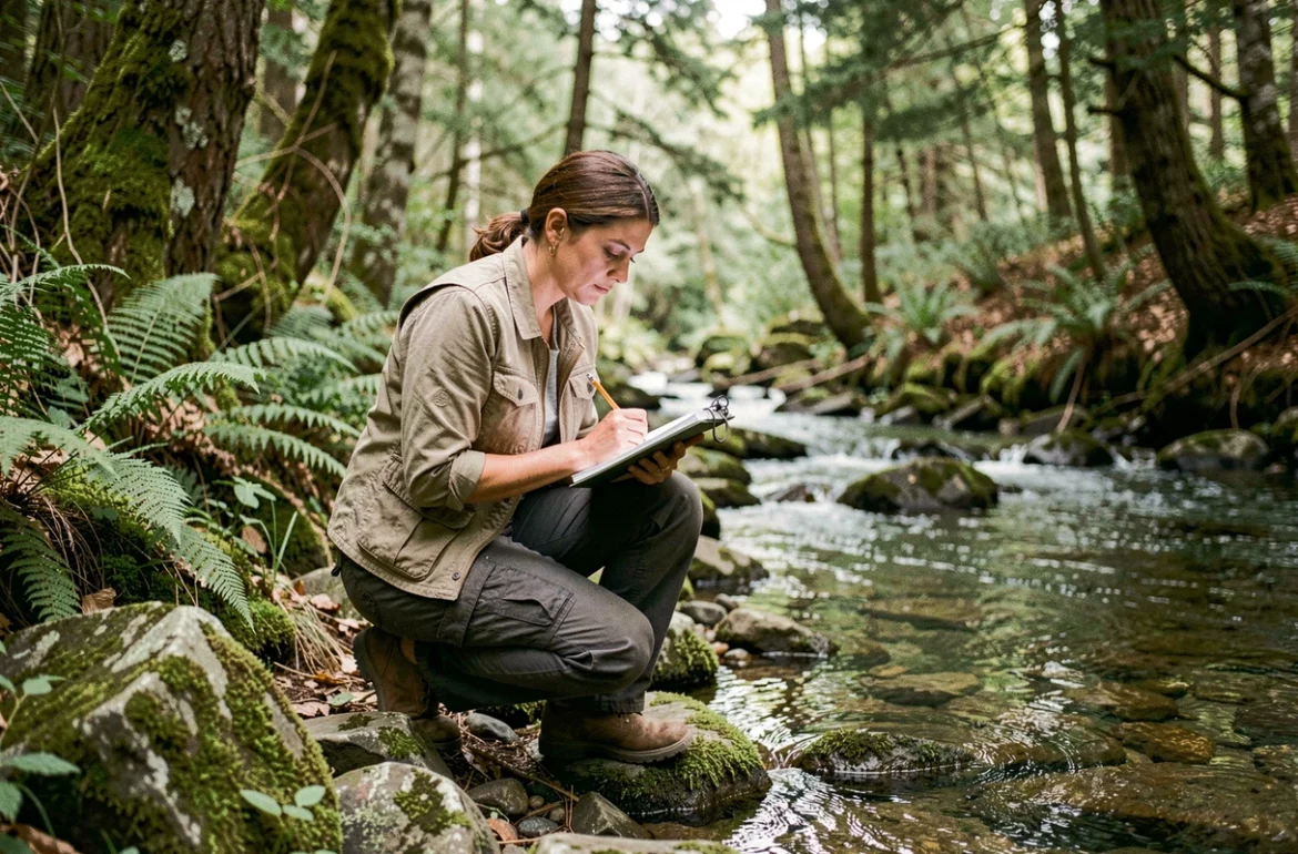 Écologue femme terrain notant données écologiques au bord d'un ruisseau en forêt tempérée