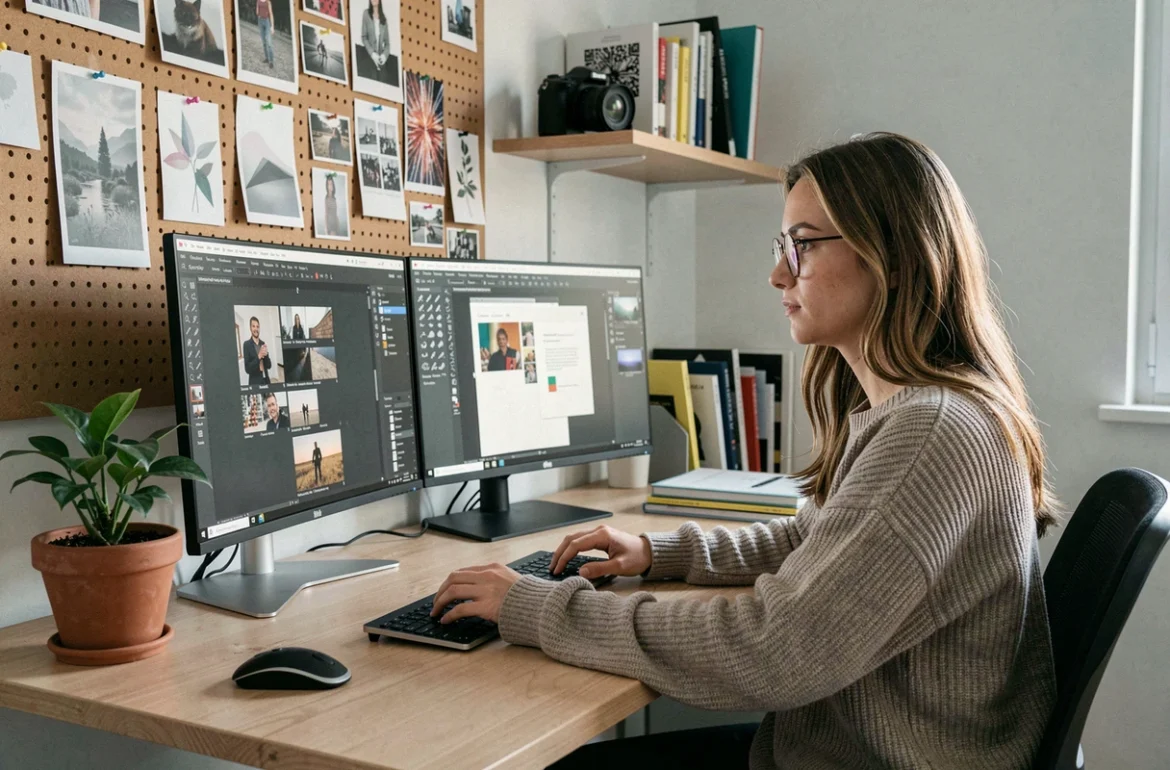 Emy Graphy, photographe et graphiste à Toulon, travaillant sur des retouches photo et du design graphique à son bureau créatif