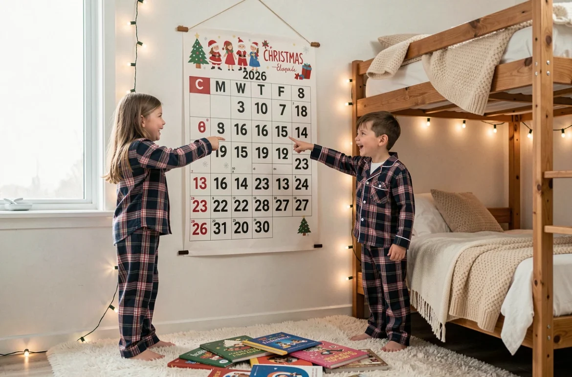 Deux enfants en pyjama à carreaux pointant un compte à rebours de Noël 2026 affiché sur le mur de leur chambre