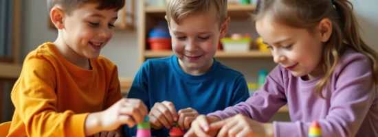 Enfants créatifs jouant avec de la pâte à modeler dans une salle colorée