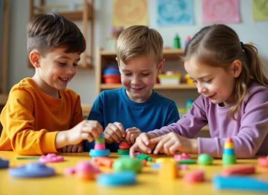 Enfants créatifs jouant avec de la pâte à modeler dans une salle colorée