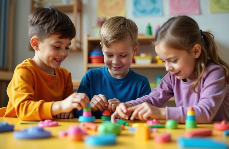 Enfants créatifs jouant avec de la pâte à modeler dans une salle colorée