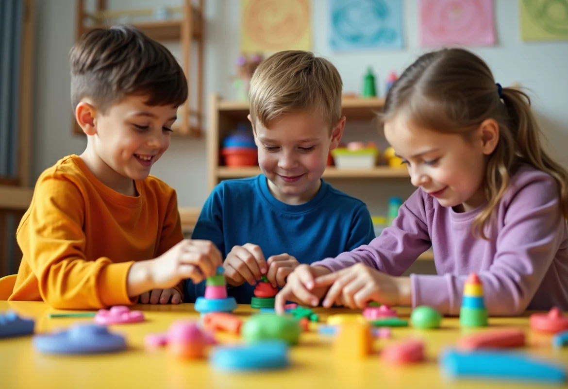 Enfants créatifs jouant avec de la pâte à modeler dans une salle colorée