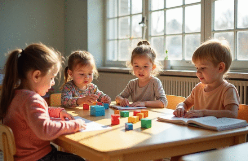 Quatre enfants jouent avec des blocs et livres dans une classe lumineuse